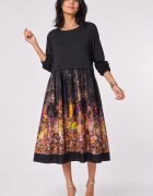 Shopika Rochie midi dama din jerseu si satin de matase cu imprimeu floral multicolor pe fond negru cu gri