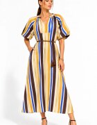 Shopika Rochie midi din vascoza cu imprimeu in dungi si maneci bufante mustar verde