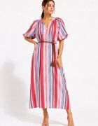 Shopika Rochie midi din vascoza cu imprimeu in dungi si maneci bufante rosu roz