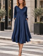 Shopika Rochie midi satinata din matase si vascoza cu croi fluid bleumarin