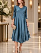 Shopika Rochie midi satinata din matase si vascoza cu croi fluid turcoaz