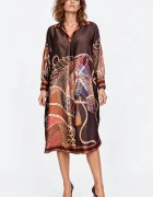 Shopika Rochie midi satinata din matase si vascoza cu imprimeu cai maro