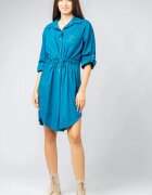 Shopika Rochie midi tip camasa din polin de bumbac cu siret in talie turcoaz