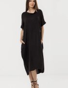 Shopika Rochie neagra din in cu croiala oversized si guler lejer intors