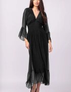 Shopika Rochie neagra din matase si vascoza cu banda elastica in talie si volane