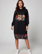 Shopika Rochie neagra din tricot de bumbac cu insertii imprimate cu chipuri stransa la baza