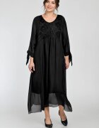 Shopika Rochie neagra lunga din matase si vascoza cu platca din dantela pe fata si pe spate