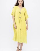 Shopika Rochie oversize din in cu nasturi pe piept galben pai