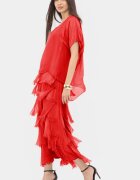 Shopika Rochie rosie din matase si vascoza cu volane franjurate suprapuse