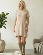 Shopika Rochie scurta A-line tricotata cu maneca scurta si nasture decorativ bej