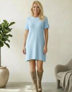 Shopika Rochie scurta A-line tricotata cu maneca scurta si nasture decorativ bleu