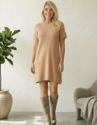 Shopika Rochie scurta A-line tricotata cu maneca scurta si nasture decorativ camel