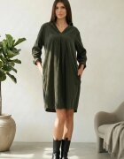 Shopika Rochie scurta tip camasa din catifea reiata verde kaki