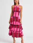Shopika Rochie spectaculoasa midi din bumbac cu volane si imprimeu geometric fucsia albastru