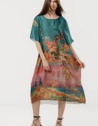 Shopika Rochie turcoaz eleganta satinata A-line cu croiala lejera si imprimeu floral in tonuri de roz-oranj