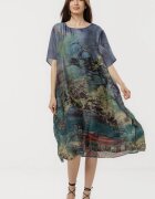 Shopika Rochie turcoaz eleganta satinata A-line cu croiala lejera si imprimeu pictural