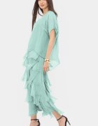 Shopika Rochie verde menta din matase si vascoza cu volane franjurate suprapuse