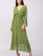 Shopika Rochie verde oliv din matase si vascoza cu banda elastica in talie si volane