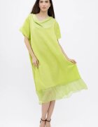 Shopika Rochie verde praz usor asimetrica A-line din in cu guler si volan din matase oversize