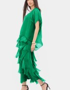 Shopika Rochie verde smarald din matase si vascoza cu volane franjurate suprapuse