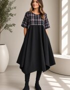 Shopika Romania Rochie midi lejera oversize din vascoza cu croi amplu si colturi neagra cu carouri