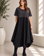 Shopika Romania Rochie midi lejera oversize din vascoza cu croi amplu si colturi neagra cu dungute albe