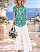 Shopika Summer Bluza de vara tip poncho din matase cu imprimeu coada de paun