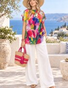 Shopika Summer Bluza de vara tip poncho din matase cu imprimeu floral pensulat