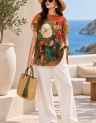Shopika Summer Bluza de vara tip poncho din matase cu imprimeu floral pictural