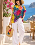 Shopika Summer Bluza de vara tip poncho din matase cu imprimeu flori mari