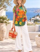 Shopika Summer Bluza de vara tip poncho din matase cu imprimeu flori rosii