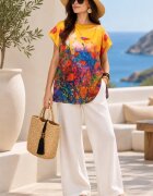 Shopika Summer Bluza de vara tip poncho din matase cu imprimeu maci rosii