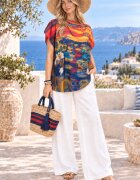 Shopika Summer Bluza de vara tip poncho din matase imprimata cu model inspirat dupa picturi celebre