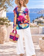 Shopika Summer Bluza de vara tip poncho din matase imprimata cu model inspirat dupa picturi celebre cu nuferi mari