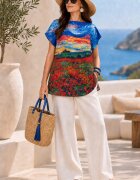 Shopika Summer Bluza de vara tip poncho din matase imprimata cu reproduceri dupa picturi celebre cu motive florale