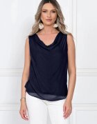 Shopika Top dama elegant lejer cu decolteu drapat si croi fluid bleumarin