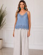 Shopika Top din bumbac cu dantela bretele subtiri croi lejer albastru jeans usor prespalat