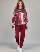 Shopika Trening dama din catifea cu hanorac imprimat si pantaloni jogger bordo