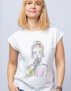 Shopika Tricou alb cu imprimeu bust fata desenata din linii din bumbac