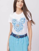 Shopika Tricou alb din bumbac cu imprimeu turcoaz-argintiu Micky stilizat si inima