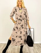 Stella Milani Rochie cu nod intr-o parte imprimata cu flori embosate si catifelate din jerseu de bumbac bej