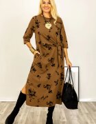 Stella Milani Rochie cu nod intr-o parte imprimata cu flori embosate si catifelate din jerseu de bumbac camel