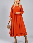 Stella Milani Rochie din catifea reiata de bumbac cu fusta ampla si volan dublu din batist caramizie