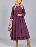 Stella Milani Rochie din catifea reiata de bumbac cu fusta ampla si volan dublu din batist mov