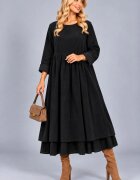 Stella Milani Rochie din catifea reiata de bumbac cu fusta ampla si volan dublu din batist neagra