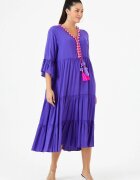 Vale Woman Rochie albastra din vascoza cu volane si ciucuri colorati