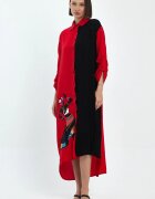 Vale Woman Rochie camasa oversize rosu-negru cu broderie silueta fata africana din vascoza