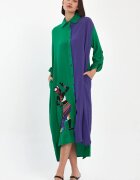 Vale Woman Rochie camasa oversize verde-mov cu broderie silueta fata africana din vascoza