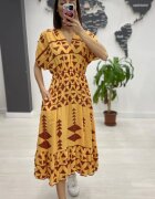 Vale Woman Rochie midi din bumbac cu elastic in talie si imprimeu ciocolatiu pe fond galben