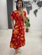 Vale Woman Rochie midi din bumbac cu elastic in talie si imprimeu galben pe fond bordo